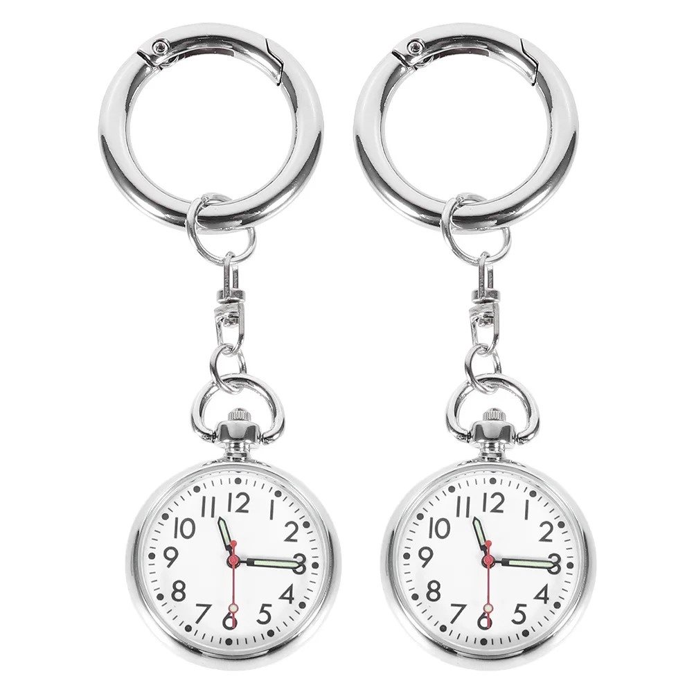 

2Pcs Nurse Chest Hanging Watches Silver Keychain Pocket Watches Clear Dial Medical Staff Gift Keychain-Shaped Watch
