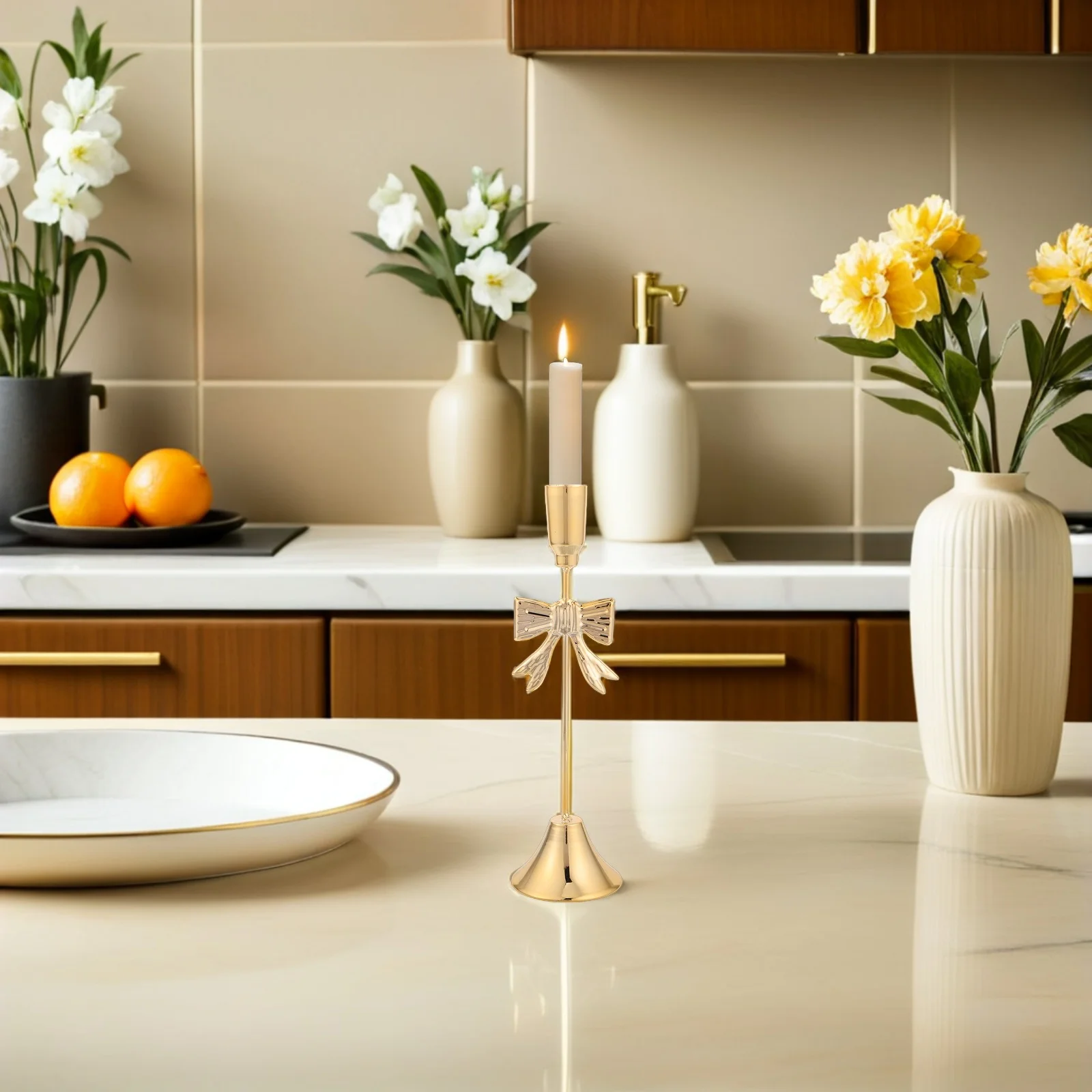 

Bow Taper Holder Gold Metal Vintage Decorative Stand Romantic Table Decor Wedding Birthday Party Anniversary