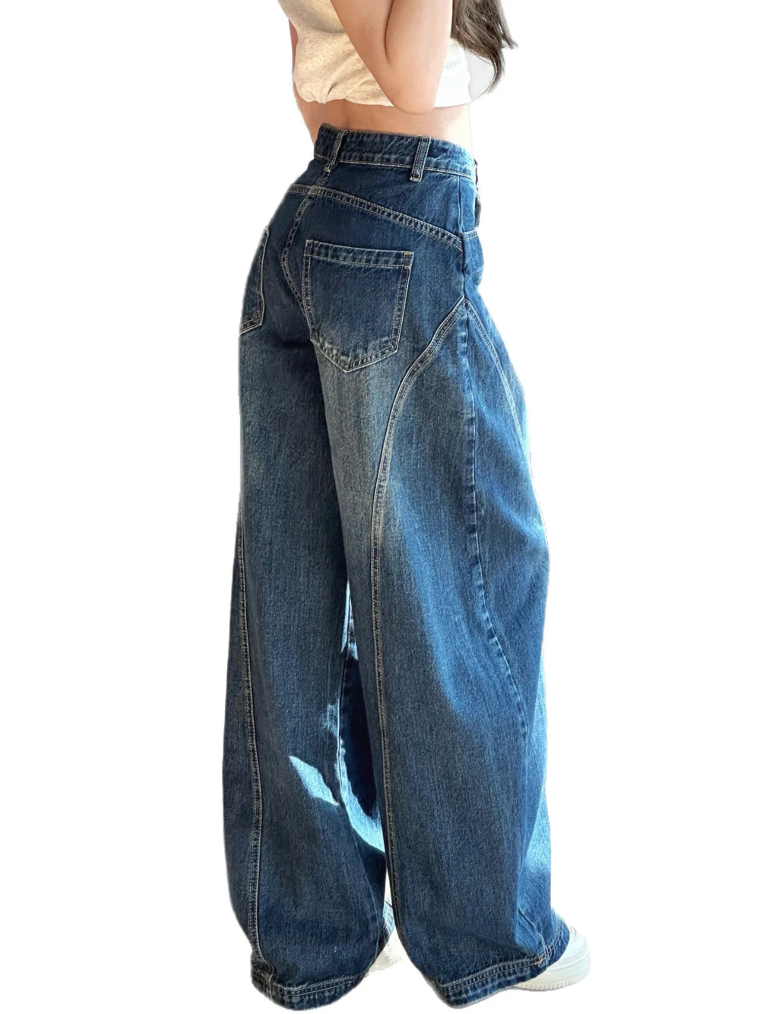 Women's High-Waisted Barrel Jeans Curved Leg Denim Contrast Stitching Vintage Wash Horseshoe Pants S-3XL