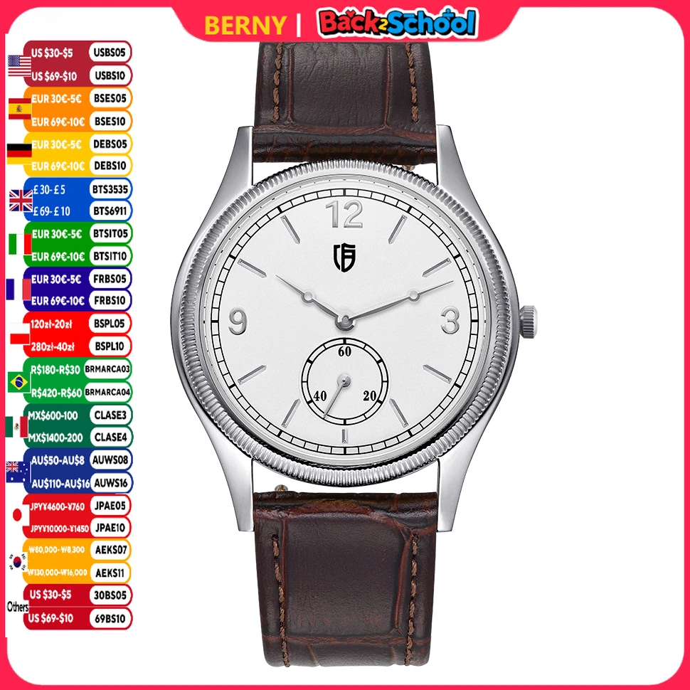 BERNY Watches for Men Ultra-Thin Simple Easy Read 38mm Quartz Man Watch Leather Strap Couple Men's Stylish Dress Wristwatch