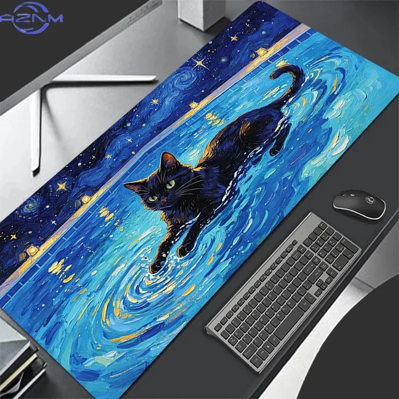 Starry Night Black Cat Oil Painting Mousepad Rubber Non-Slip Large Desk Mat Blue Starry Sky Water Ripple Keyboard Pad for Gaming