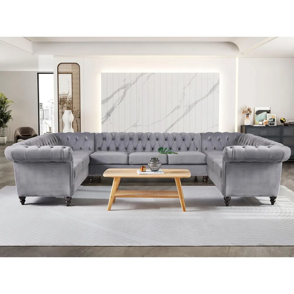 U-Shaped Sofa,Sectional Chesterfield Velvet Couch 9-Seater Upholstered Large Accent Tufted Sofa with Rolled Armrest and Nailhead