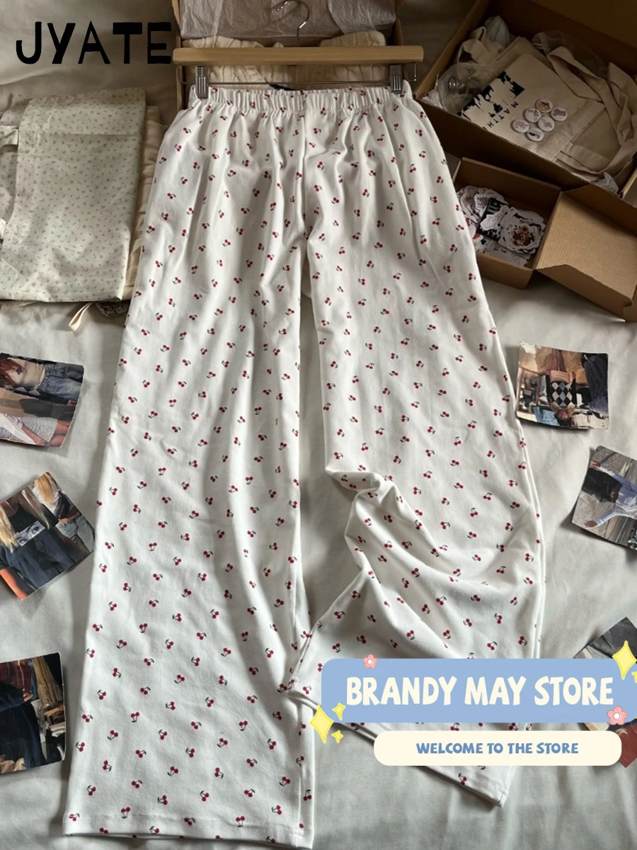 Sweet Cherry Print Pajama Sets Women Summer New Cotton Soft Casual Eyelet Tank Tops+Long Pants Vintage Cute Cozy 2 Piece Set Y2K