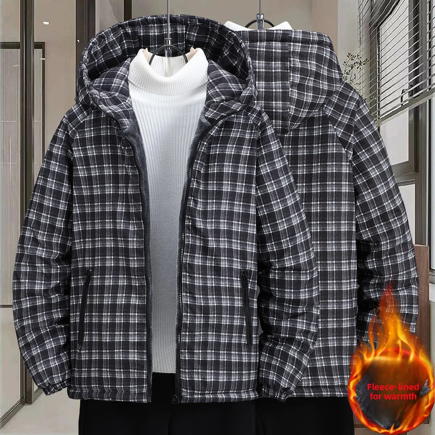 New cotton-padded youth checked casual men's winter-summer casual cotton coat with hood and oversized design