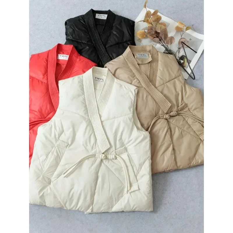 

Первая линия, дизайн, полосатый v-образный вырез, пуховый жилет с хлопковой подкладкой, женский зимний сложенный теплый жилет с пряжкой и кисточками, верхняя одежда