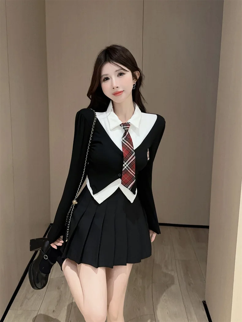 2024 Spring Long Sleeve Women's Black Knitted Top and White Shirt POLO Neckline Tie High Waist Pleated Skirt Set Preppy Style