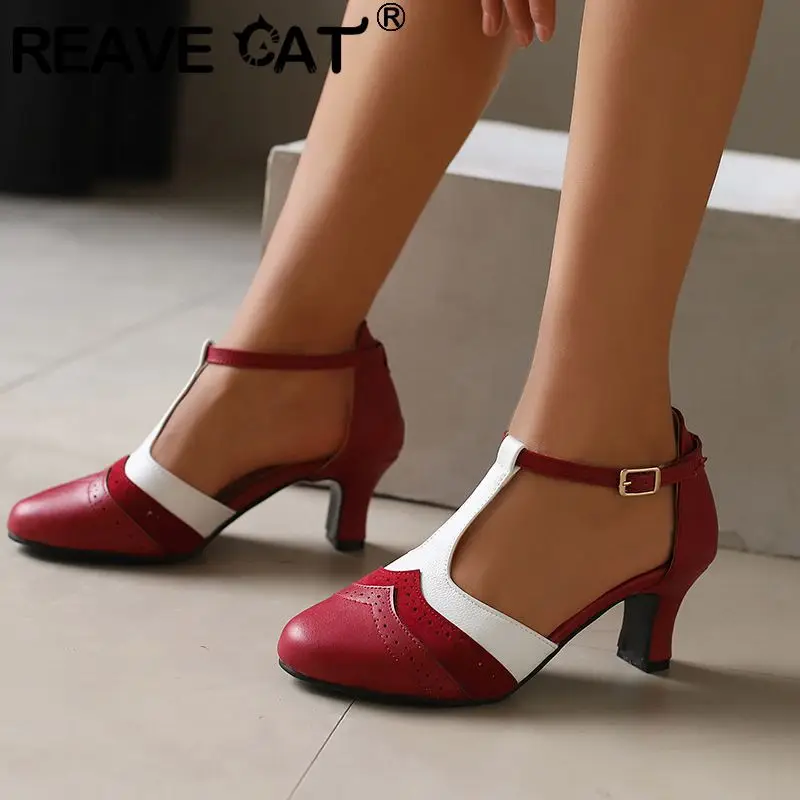 REAVE CAT Vintage Women Sandals Round Toe High Heels T-strap Mixed Color Big Size 46 47 48 Leisure Daily Female Summer Shoes