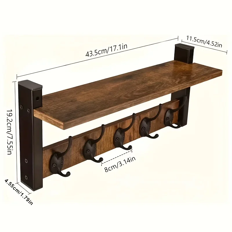 Estante para colgar ropa vintage montado en la pared con ganchos, estante suspendido de madera maciza, adecuado para sala de estar y almacenamiento de llaves
