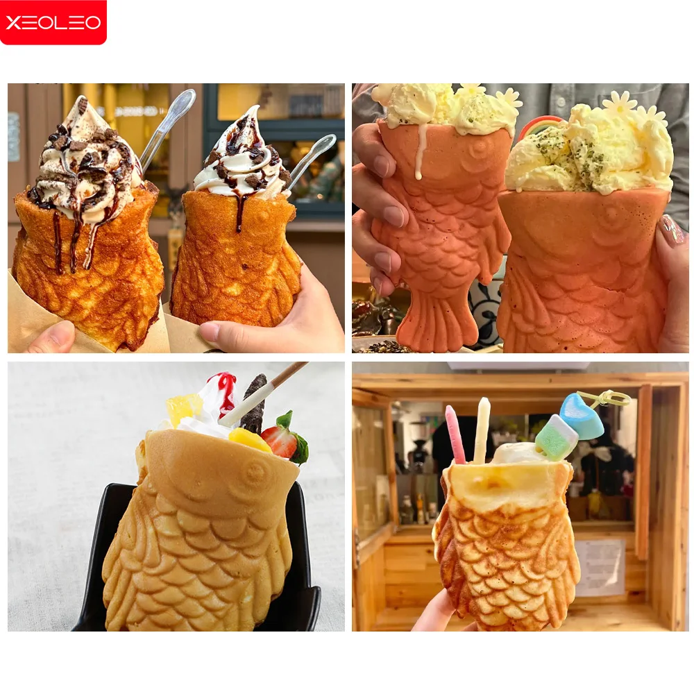 XEOLEO Ice cream Taiyaki machine Electric Waffle maker Open mouth Fish shaped cake maker 3pcs Non-stick pan Snack equipment