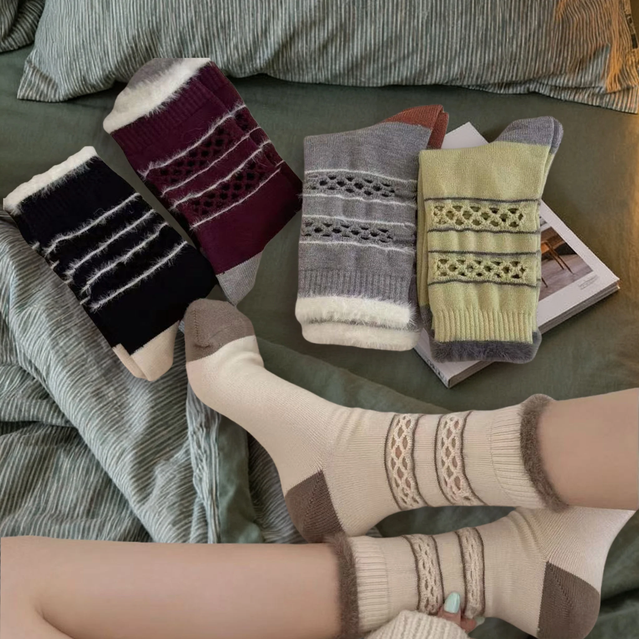 

Модные женские осенне-зимние новые шерстяные носки с цветными блоками, винтажные ажурные хлопковые носки и теплые носки до середины икры для