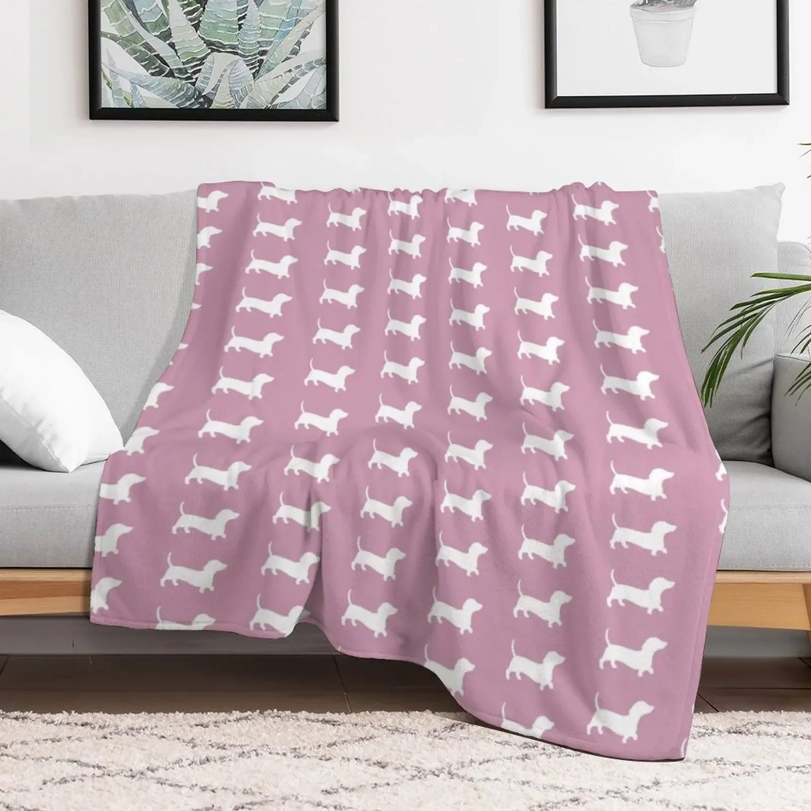 Plain Dusty Pink With Daschund Silhouette Throw Blanket Bed Fashionable Furrys Blankets