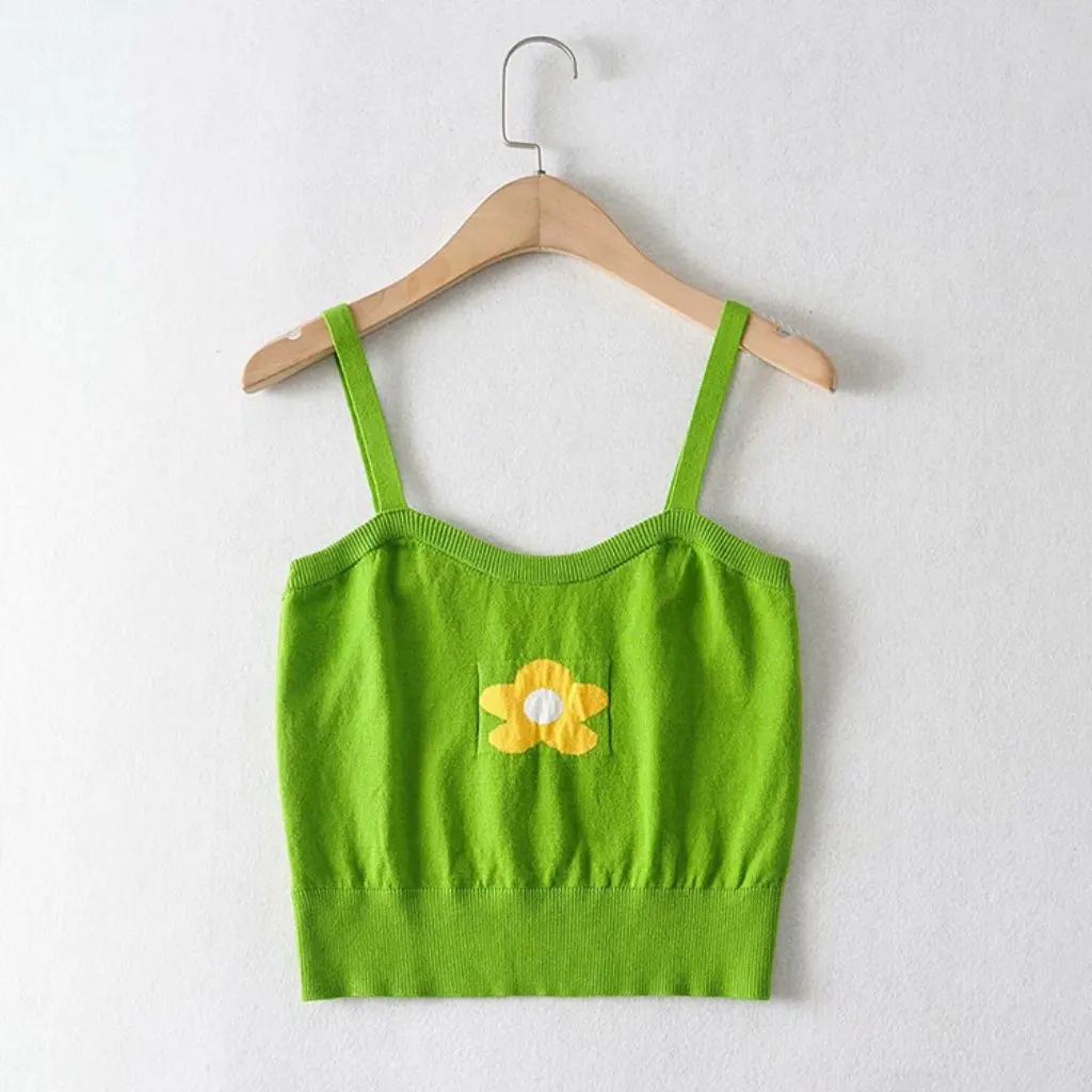 

YPFF Women's Slim-fit Off-shoulder Camisole Backless High Waist Navel Knitted Summer European American-style Wear with Flowers