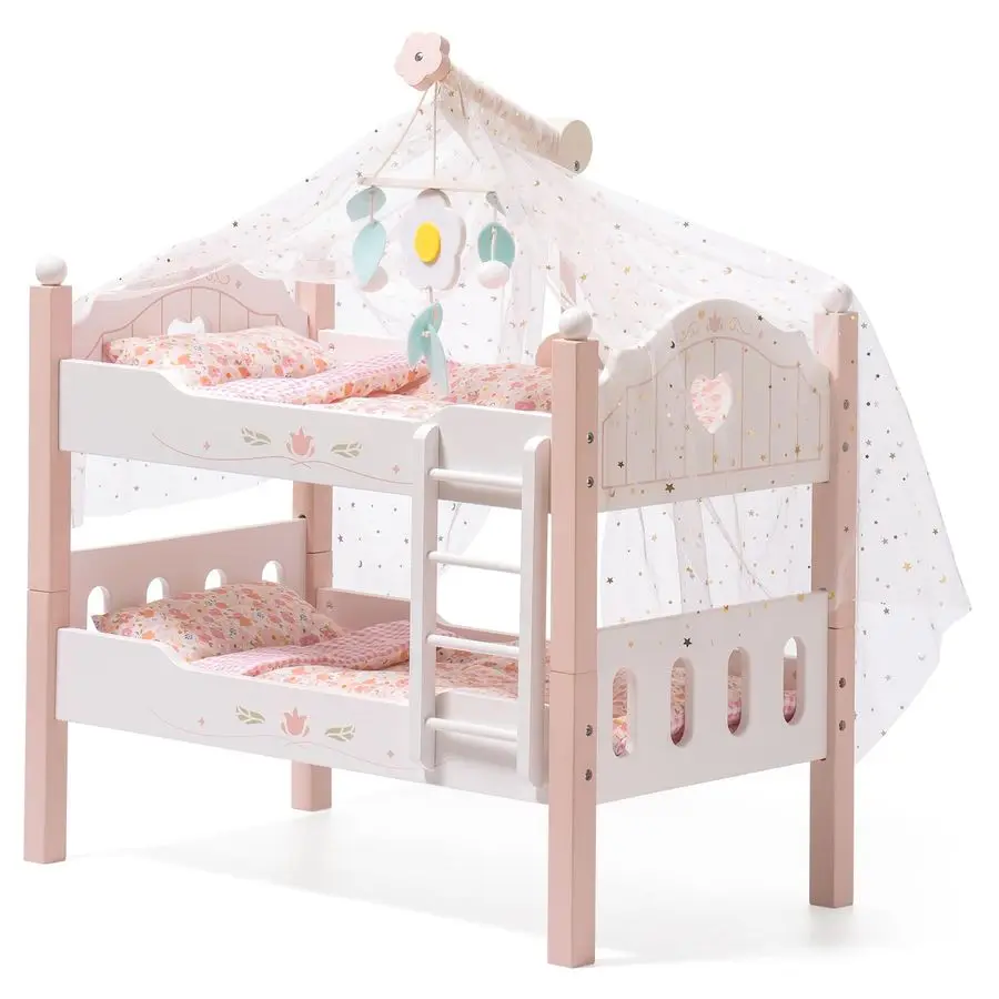 

Baby Doll Bunk Beds, Wooden Baby Doll Crib, Stackable Doll Bed Toy, High18 inch Dolls Furniture Fits American Girl 3 Pink, 2 Pcs