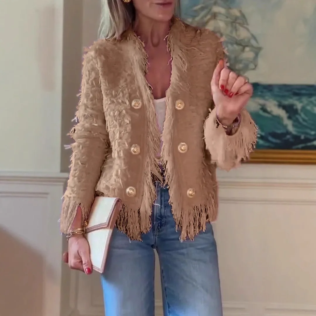 2025 borla pequeña fragancia abrigo chaqueta mujer elegante temperamento doble botonadura abrigos Otoño Invierno sólido ropa delgada blanco