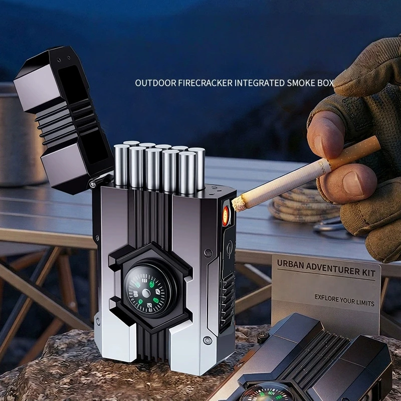 New Compass Mech Shaped Cigarette Box Lighter Outdoor Portable with Tungsten Wire Can Hold 10 Thick Cigarettes Lighter Gift
