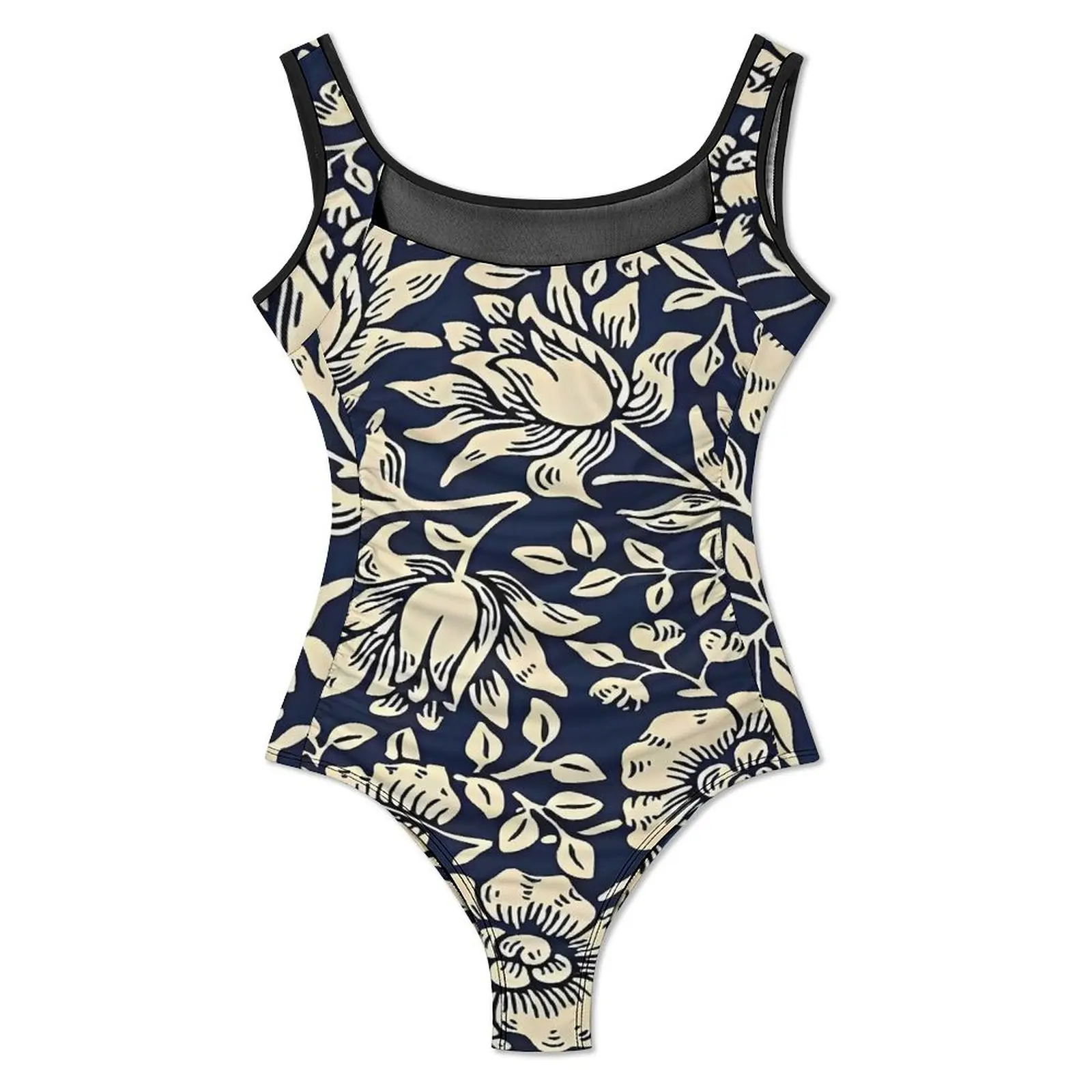 Art Nouveau Swimsuit William Morris  Blue Floral One Piece Swimwear Push Up Fantasy Monokini Sexy Beach Design Bodysuit