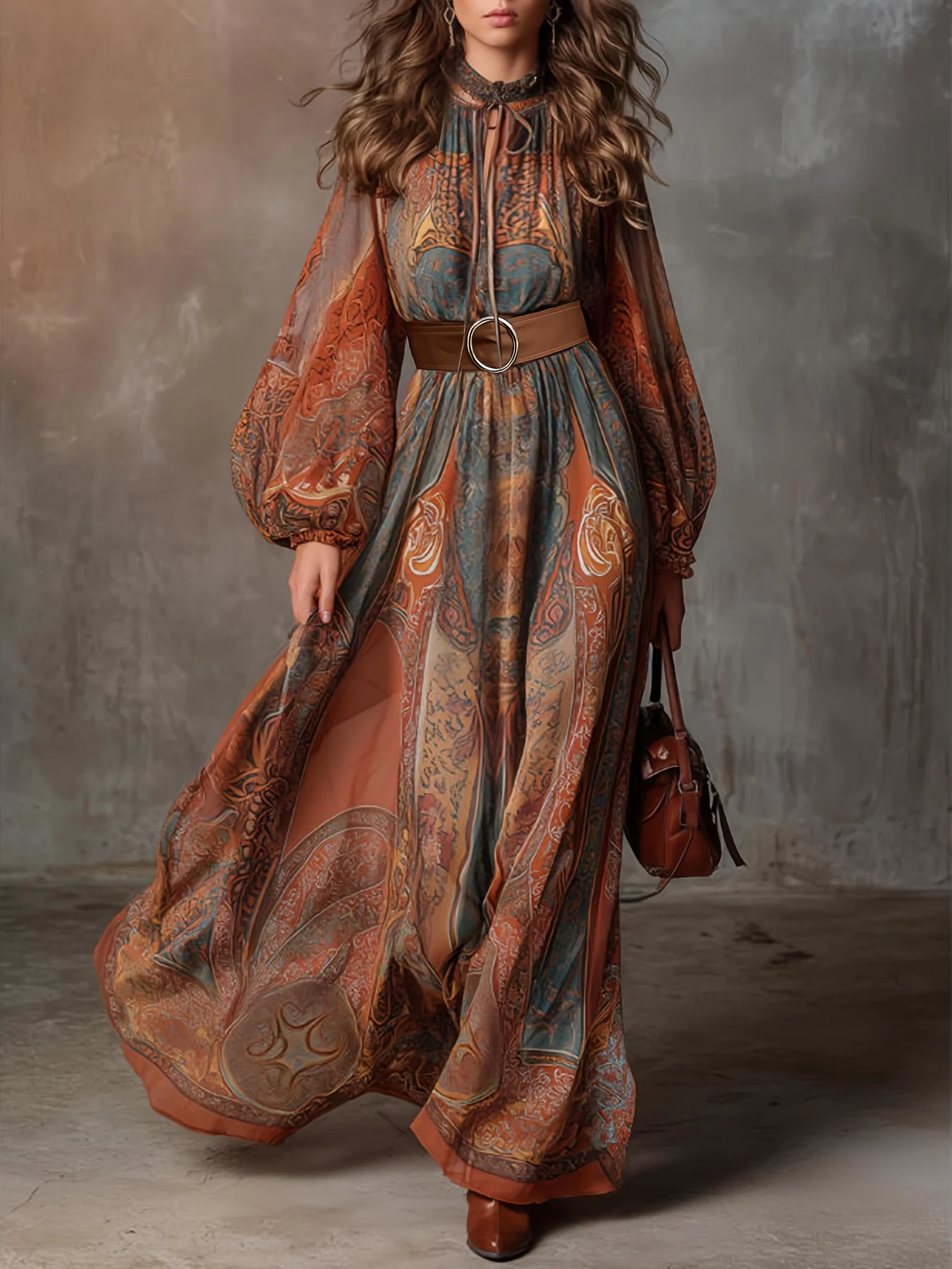 

plus Size Spring Summer Elegant Print Dress Long Sleeve Umbrella Skirt Design Waist Belt Decoration Slimming Daily Wear dress
