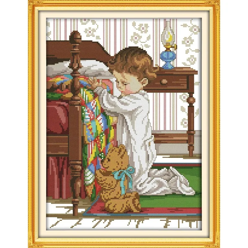 Pray beside the bed cross stitch kit boy people 14ct count fabric canvas x stitches embroidery DIY handmade needlework plus