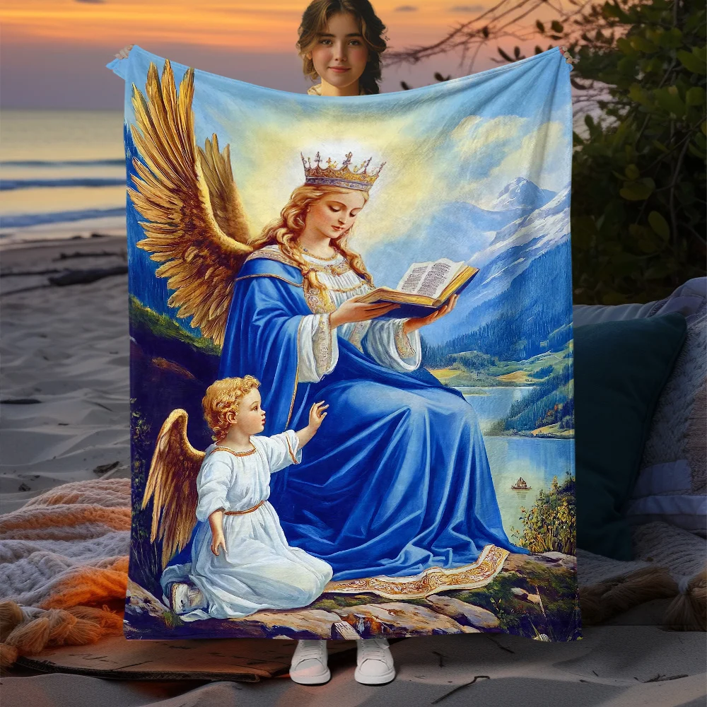 Religious Figure Angel Motif Blanket Soft Knit Polyester All Season Throw for Couch Bed Travel Office Nap