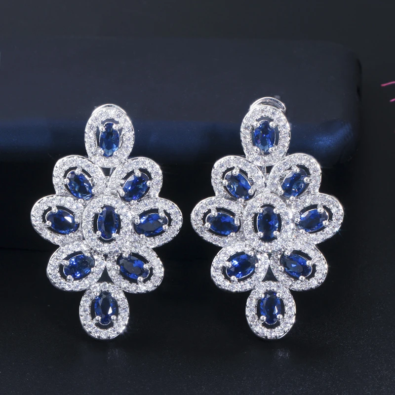 ThreeGraces Fashion Shiny Blue Cubic Zirconia Big Flower Stud Earrings for Ladies Elegant Bridal Party Costume Jewelry E1813