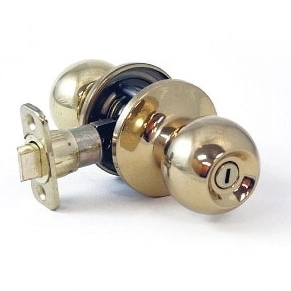 Privacy Ball Knob Door Lock Polished Brass 4 Way Latch Easy Install Bedroom Bathroom Locking System Adjustable Backset 5 Pin
