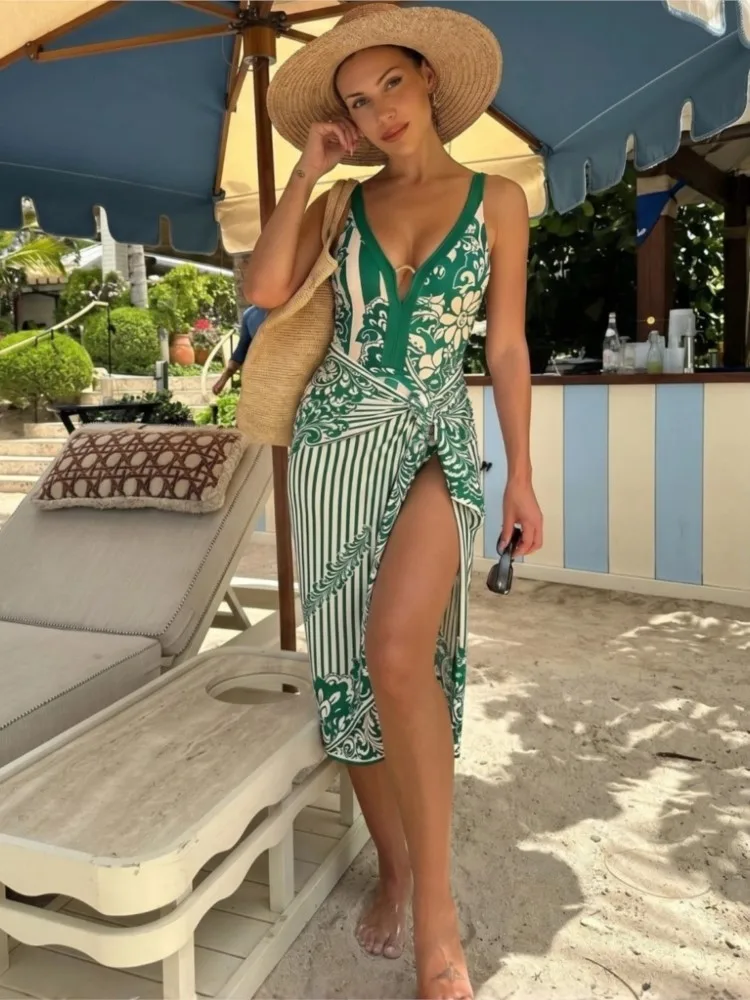 Retro Bikini Printed Fashion Two Piece Swimsuit And Cover Up With Skirt Tight Women's Bandage Summer Beach Luxury Elegant