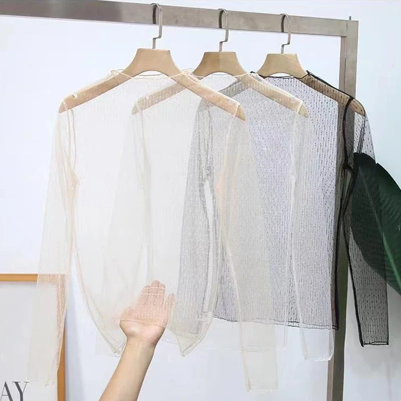 Sexy voir a travers les hauts femmes Transparent a manches longues dentelle T-shirt maille Tulles voir a travers hauts chemise