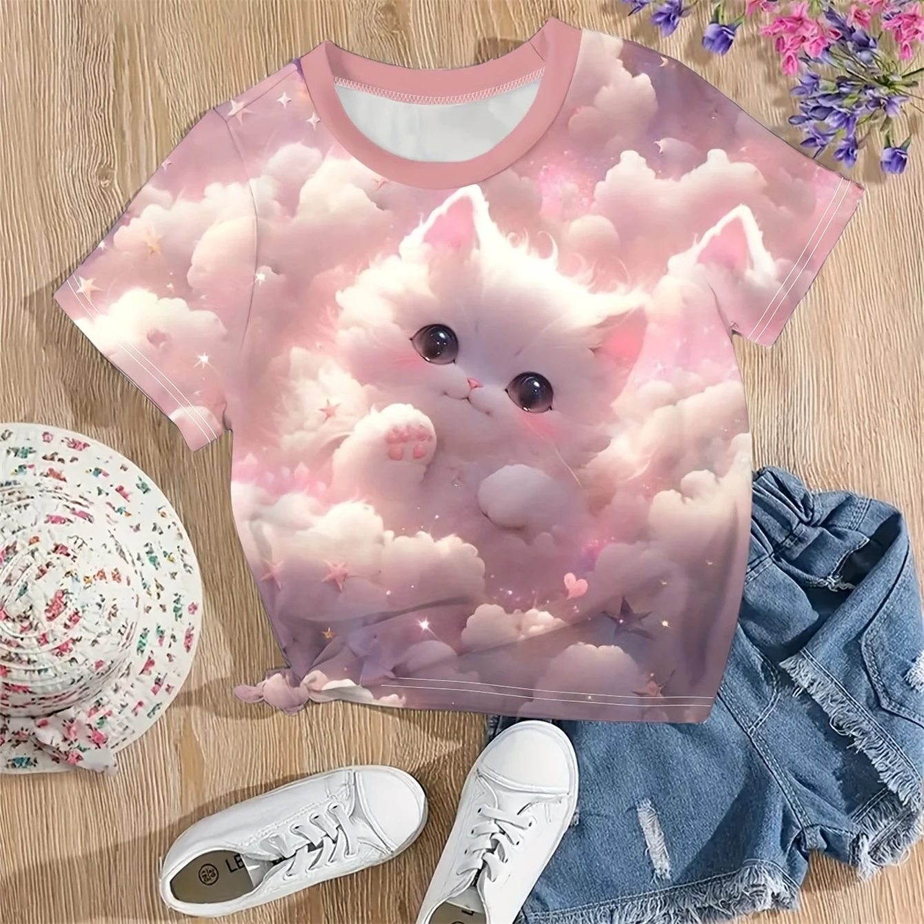 

2024 Kids Clothes Sweet Girls Cartoon Kitten Graphic T Shirts Crew Neck Short Sleeve T-Shirt Top for Summer Clothes Child Girl