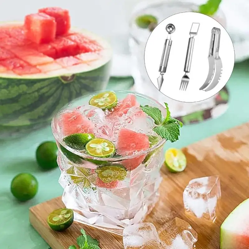 L74D Steel Watermelon Slicers 3 Piece Kitchen Tool Set Fruit Baller Melon Cutter Fork