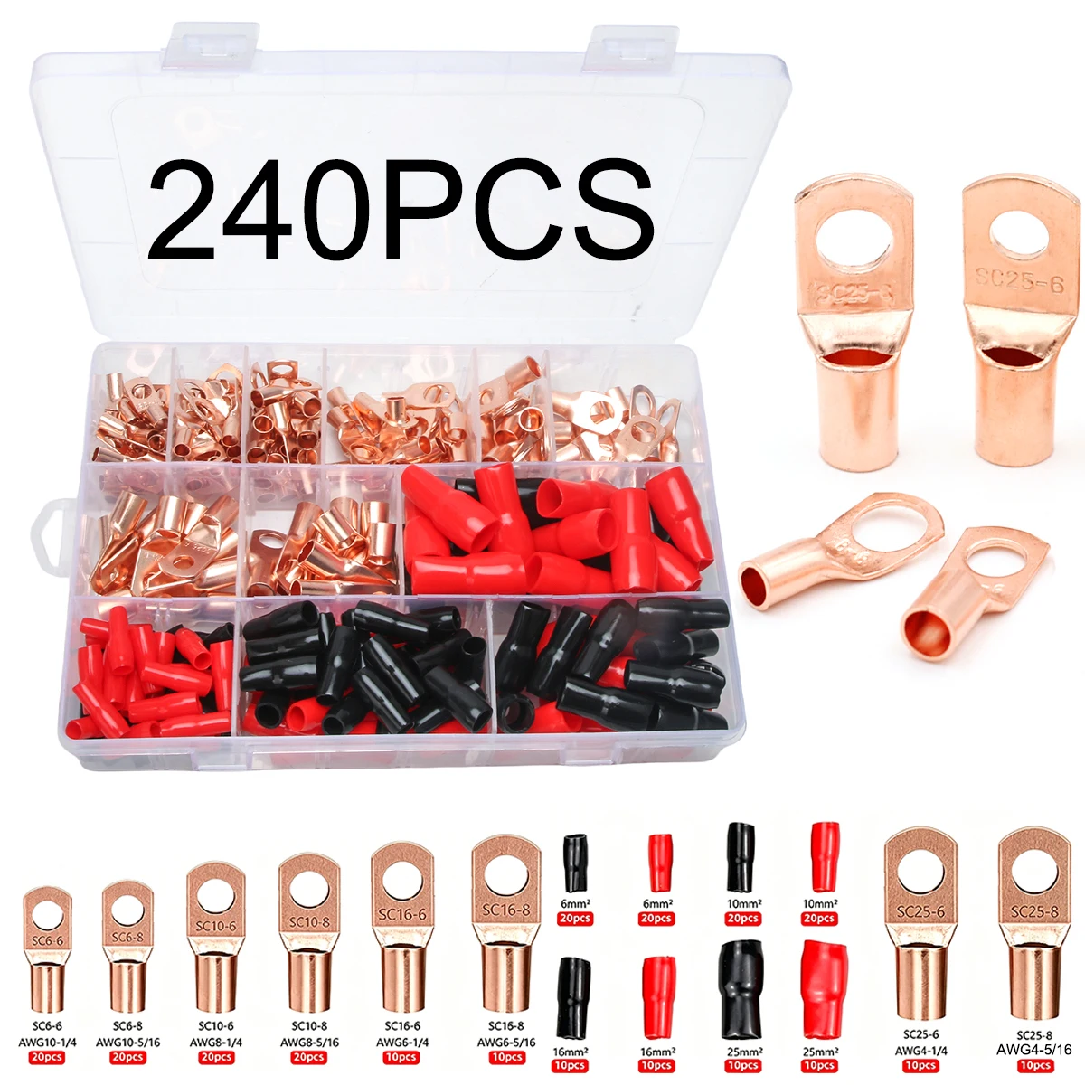 70/240PCS Ring Terminal Kabel Schuhe Lugs 35mm2 Verzinnte Kupfer Lug Draht Auge Anschlüsse Nackte 60 Terminals Lugs Draht Kupfer Kit