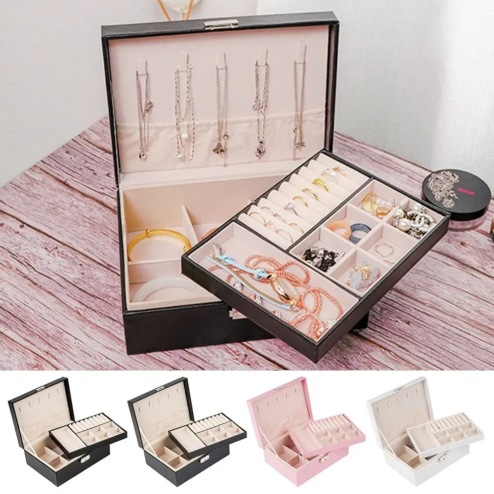 صندوق تخزين مجوهرات جديد مكون من طبقتين من جلد البولي يوريثان مع قفل منظم مجوهرات صندوق مجوهرات للسفر ​   تخزين القرط والقلادة ​