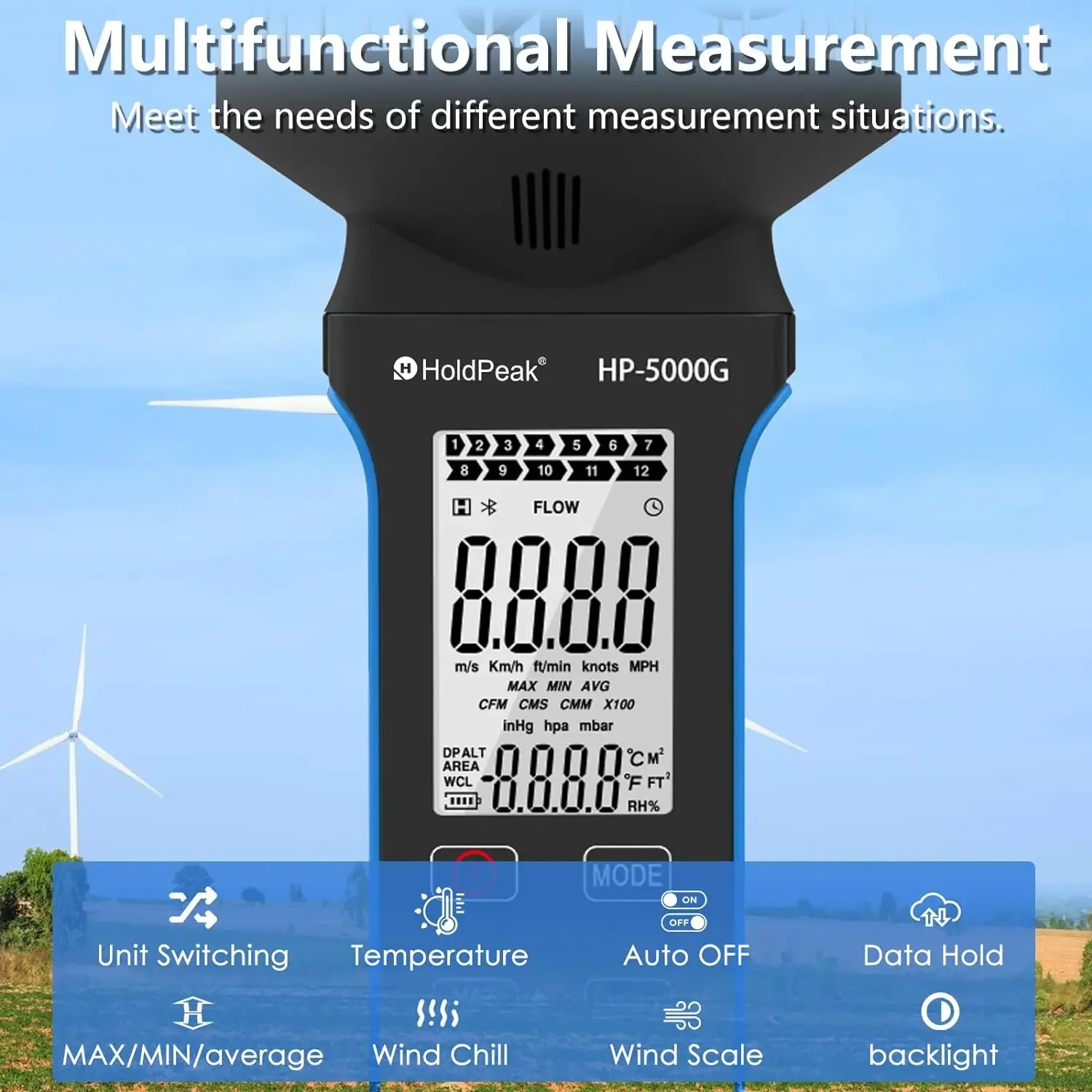 Imagem -02 - Btmeter-anemômetro Azul Multifuncional Velocidade do Vento Volume do ar Medição de Temperatura Backlight Bt5000g