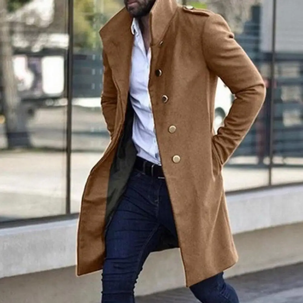 

Autumn Winter Jackets for Men Woolen Coats Solid Color Stand Collar Mid-Length Pocket Casual Slim Overcoat chaquetas hombre