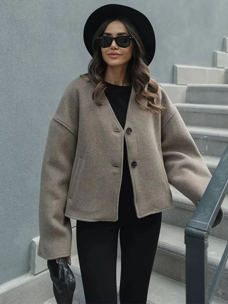 

Элегантная шерстяная куртка прямого кроя, женская мода, однобортное короткое пальто с v-образным вырезом, осень 2021, шикарная женская офисная уличная верхняя одежда