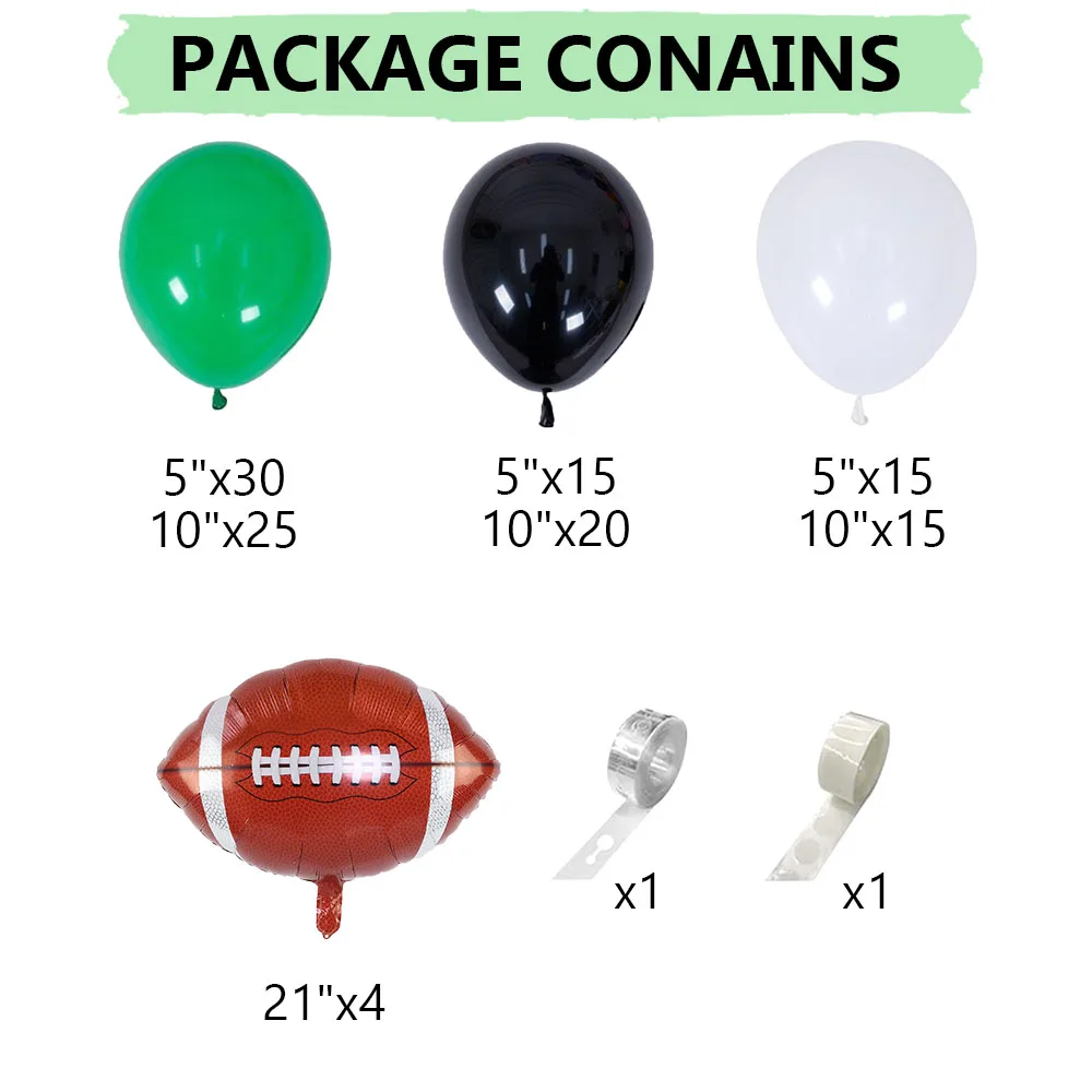 126pcs Football Balloon Garland Arch Kit Green Black White Latex Balloons with Football Foil Balloon for Sport Theme Party Decor