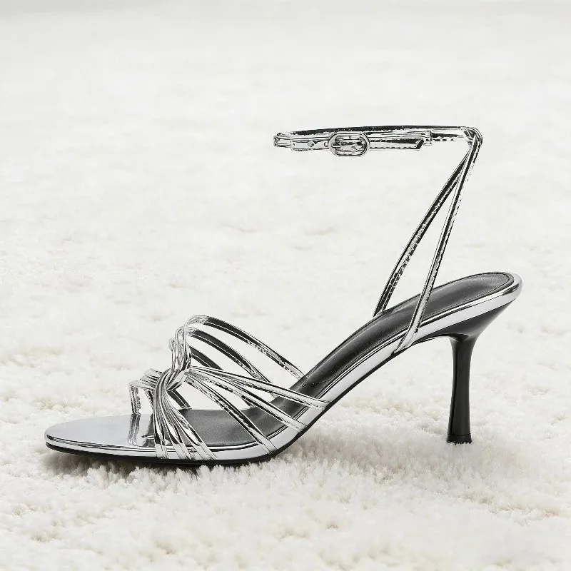 

Designer Brand Women's High Heels Round Toe Narrow Band Designer Pumps Party Shoes Silvery Elegant Women Sandals Summer 2026