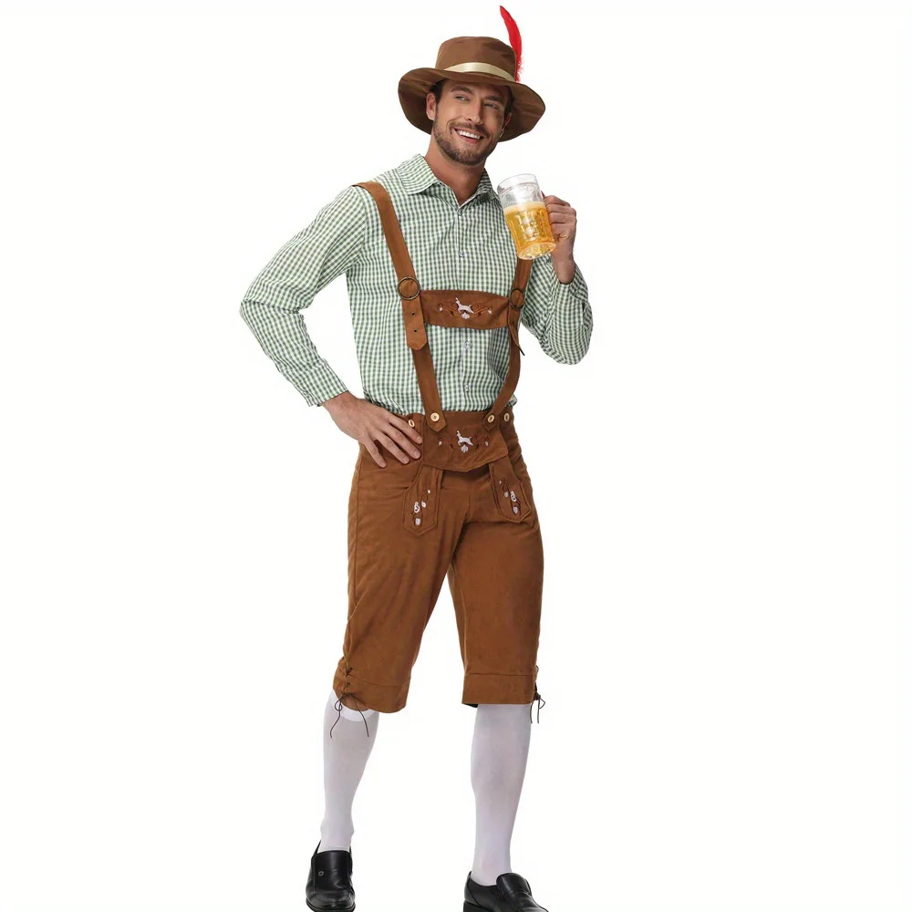 

German Traditional Men's Beer Festival Clothing Plaid Shirt Suspender Overalls Set Stage Performance Clothes