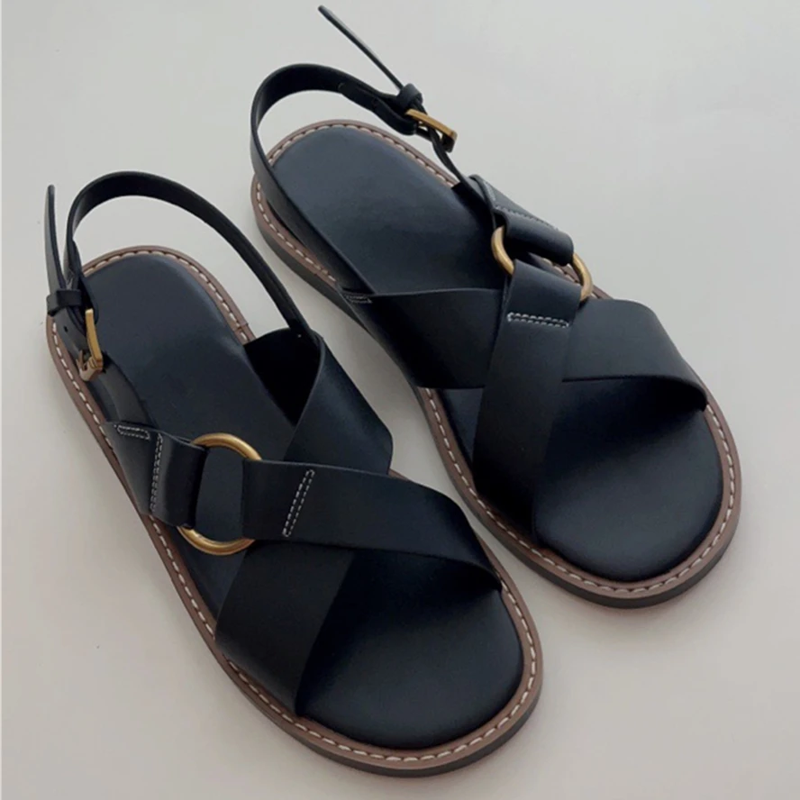 Withered Fashion Leather Comfortable Breathable Flat Shoes 2024 New Cross Strap Retro Roman Sandals Ladies Sandals Women