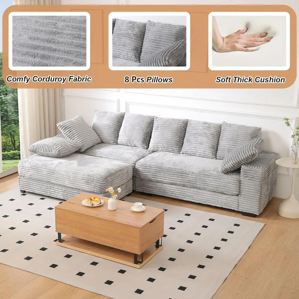 أريكة مقطعية حديثة على شكل حرف L بمقعد عميق مع مسند وتخزين، راحة 108.6 على شكل سحابة سروال قصير، تتضمن 8 وسائد