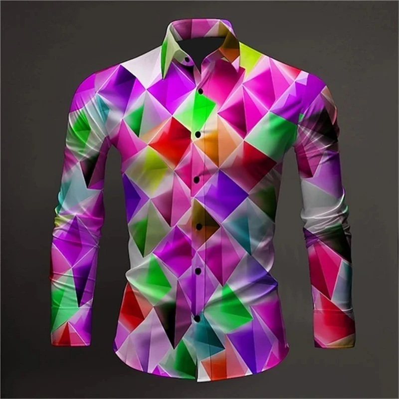 2024 New Spring and Autumn Colorful Splicing Casual Personalized Trendy Men\'s Long sleeved 3D Printed Shirt Large Shirt xs-6xl