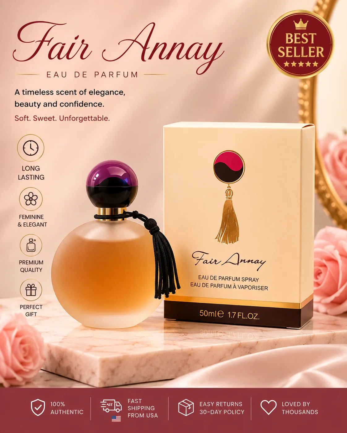 

Fair Annoy Eau De Parfum 50ml - Long Lasting Floral Fragrance - Elegant Round Bottle Perfume with Tassel - Birthday Gift For Women