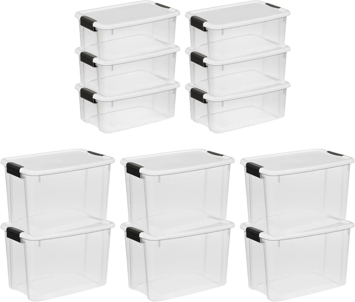 

30 Quart (6 Pack) & 18 Quart (6 Pack) Clear Plastic Stackable Storage Container Bin Box Tote with White Latching Lid Organizing