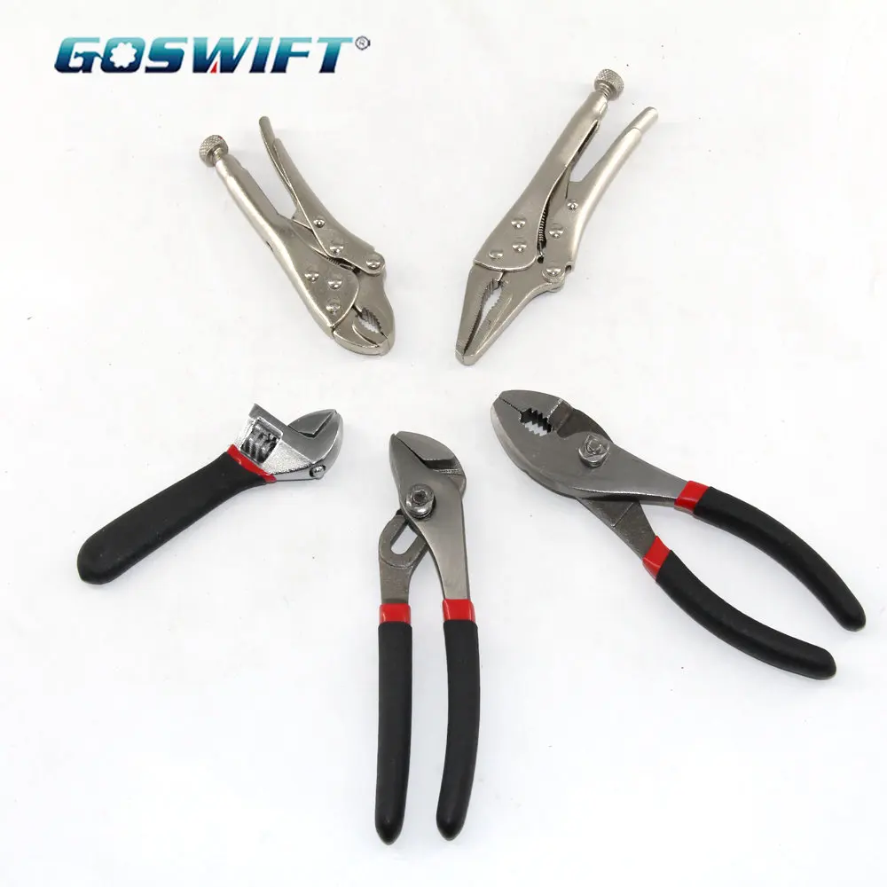 

5 Pcs Pliers and Wrench Set Including Long Nose Locking Curved Jaw Locking Slip Joint Groove Pliers and Adjustable Wrench