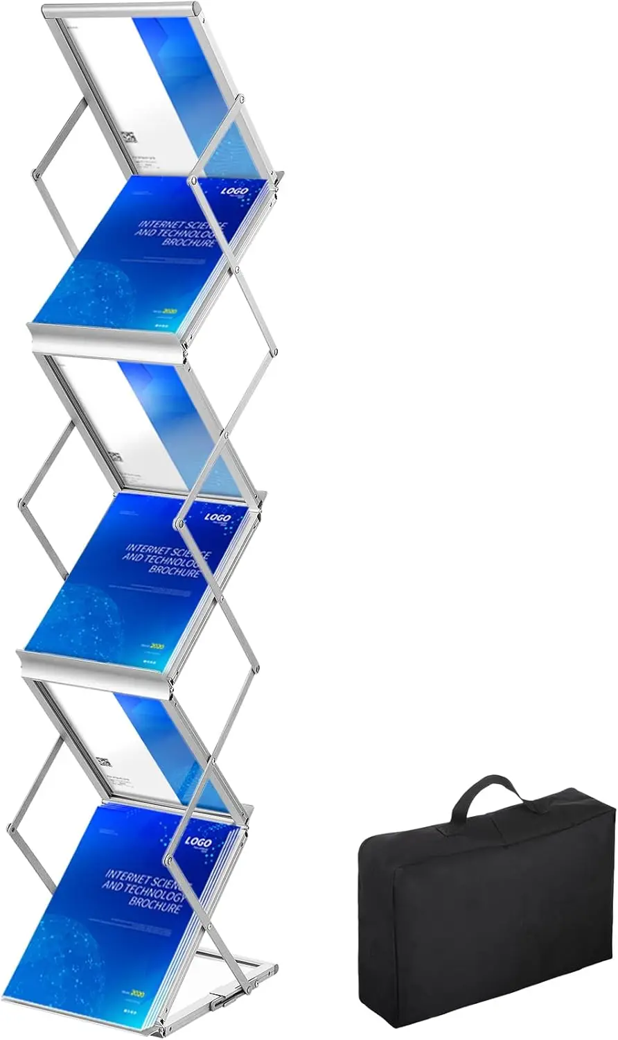 

6-Pocket Pop-Up Aluminum Magazine Rack, Lightweight Foldable Display Stand with Carrying Bag for Home, Office, and Events