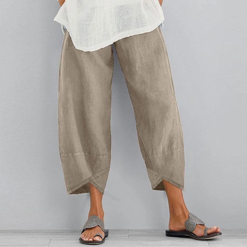 Women Harem Pants Vintage Cotton Linen Elastic Waist Wide Leg Trousers Female Casual Solid Pockets Loose Cropped Pants