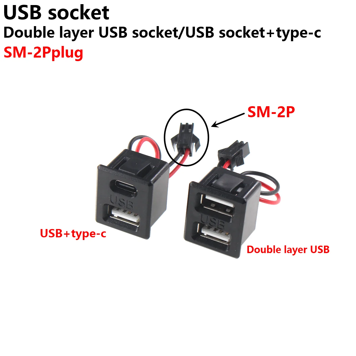 Conector USB hembra tipo c de doble capa, 2 piezas, lámpara de carga, toma de corriente con cable