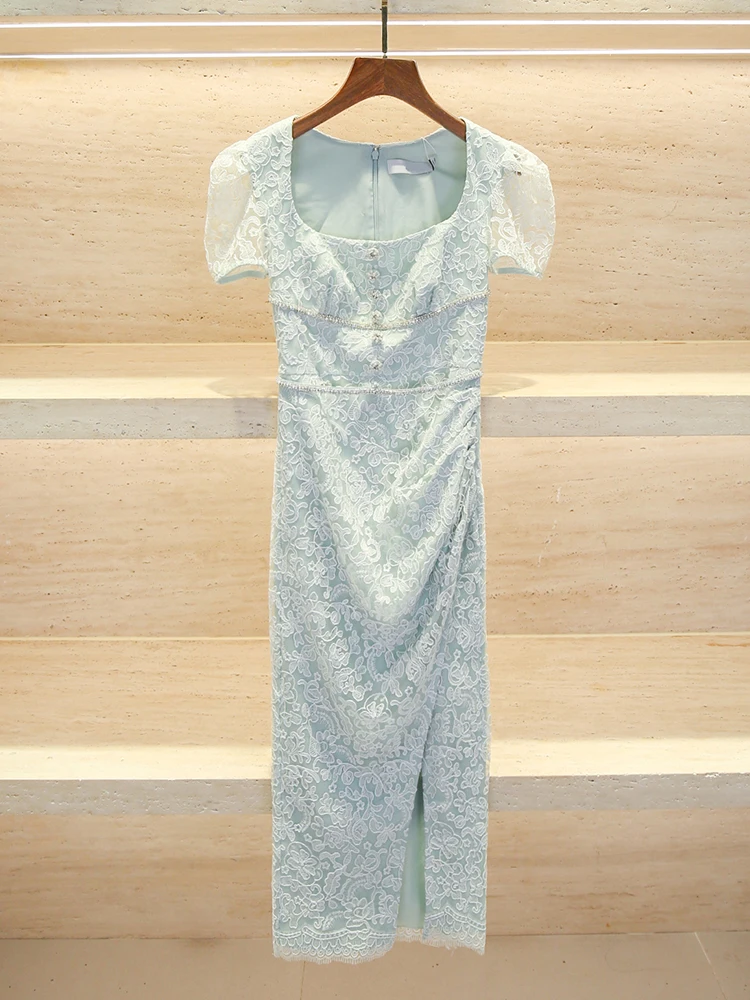 

High-End Summer Women's Dr Luxury Embroidery Square Collar Bubble Sve Slit Lace Long Dr A-Line Silhouette Commute Sle