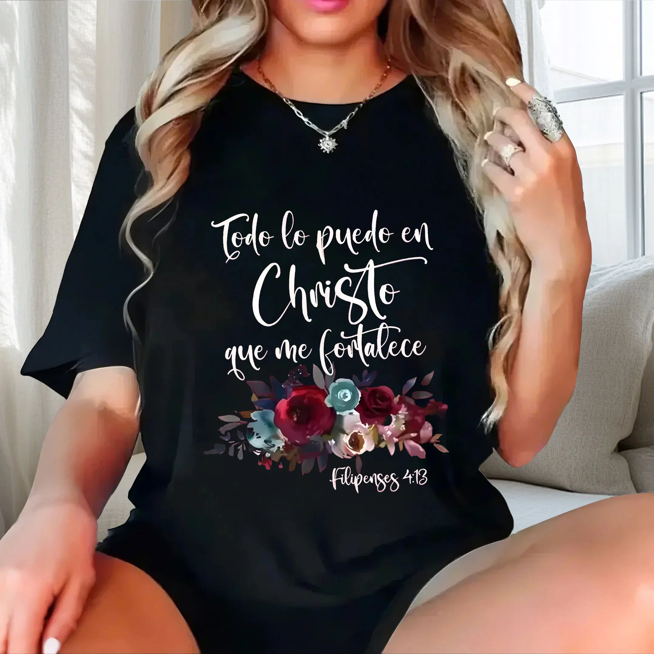 

English+floral print personalized trend plus size Ladies' casual short sleeved T-shirt black