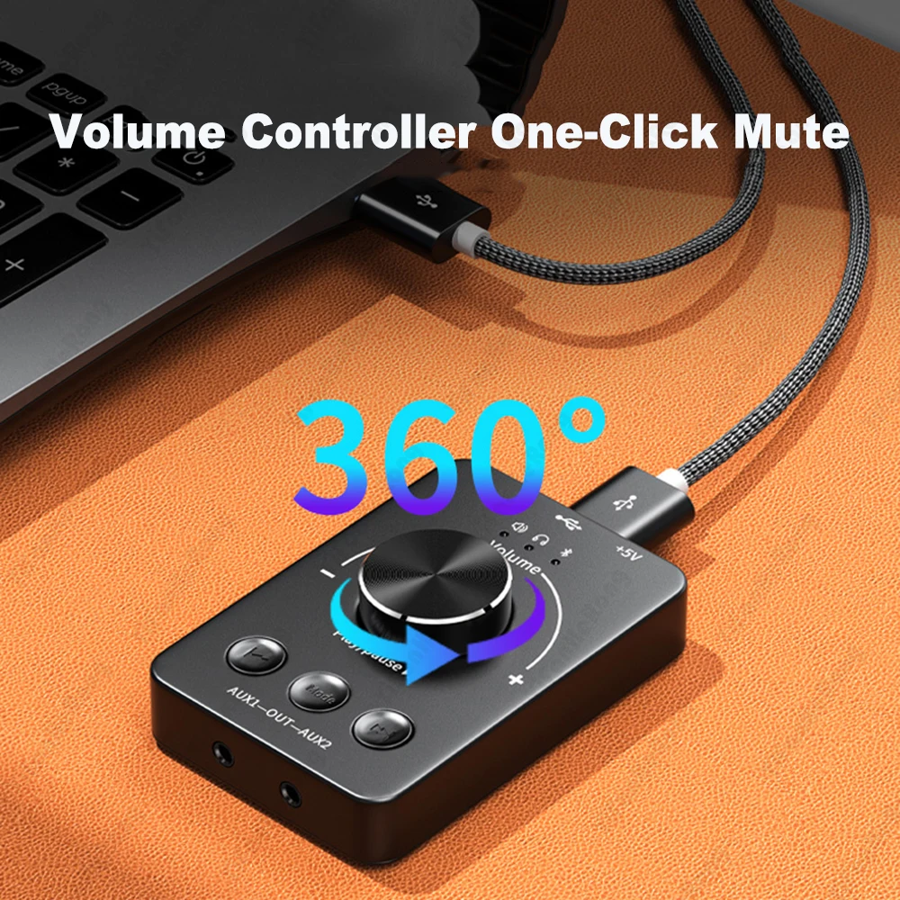 USB Volume externo Control ajustar o botão, compatível com Bluetooth 5.1 com Play Pause, mudo, 3 modos, áudio ajustar, mudo