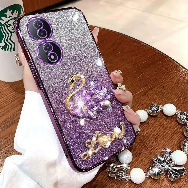 Luxury Diamond Swan X 7B Case for Huawei Honor X7B X5plus 30 50 70 90 Lite 20 Honor100 9X Mate60 pro P60 Bracelet Lanyard Cover